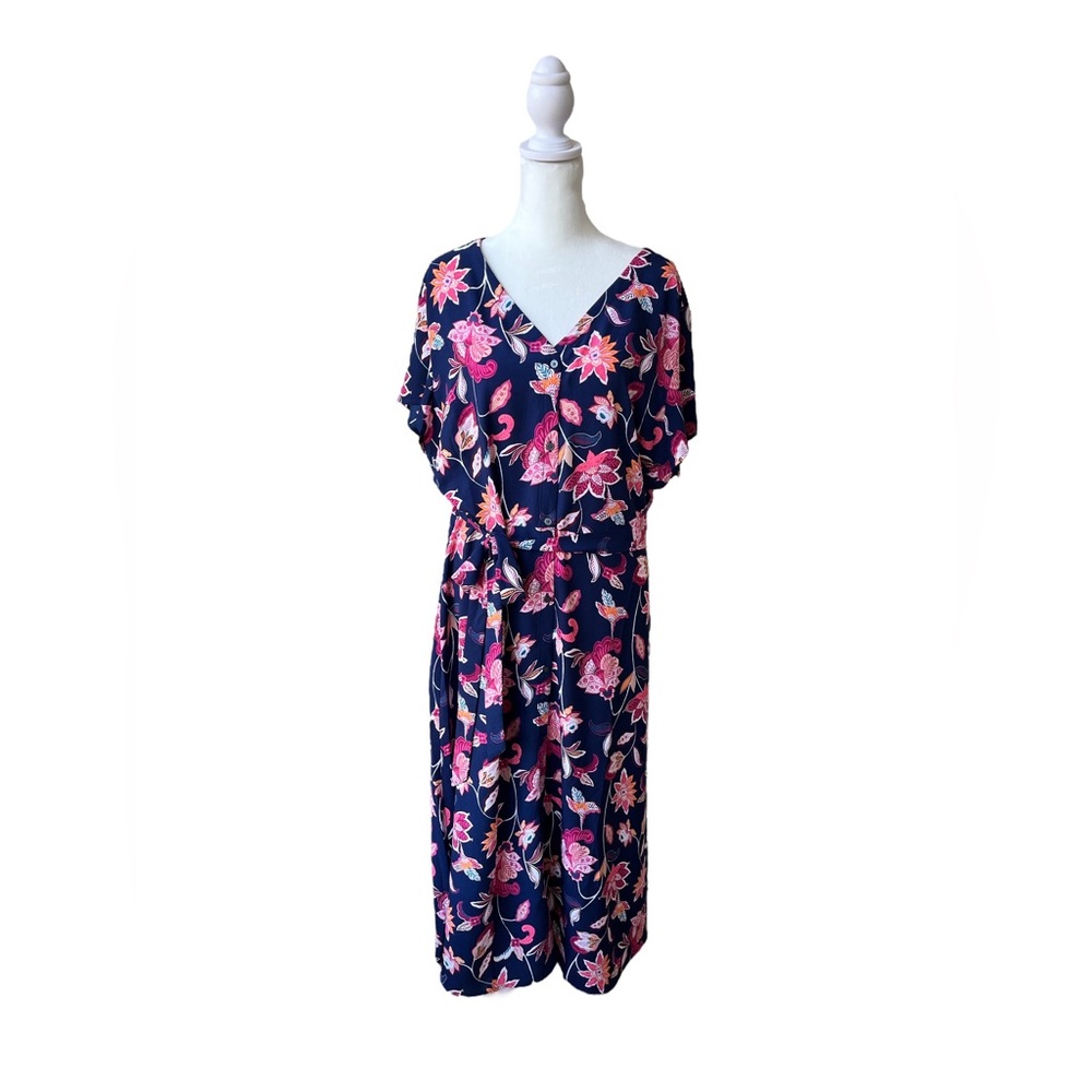 LOFT Navy Floral V-Neck Midi Dress with Pink Flowers